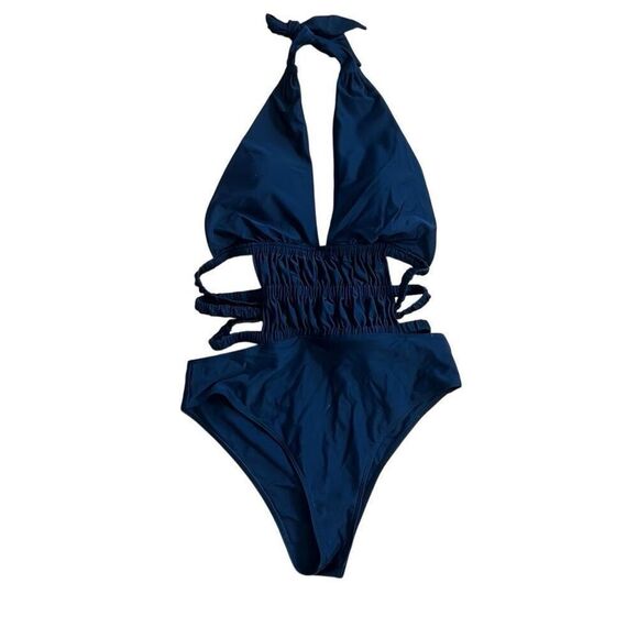 Halter Neck Ruched Cutout Strappy Open Back One-Piece Swimsuit Navy Blue Size XL - Picture 1 of 7